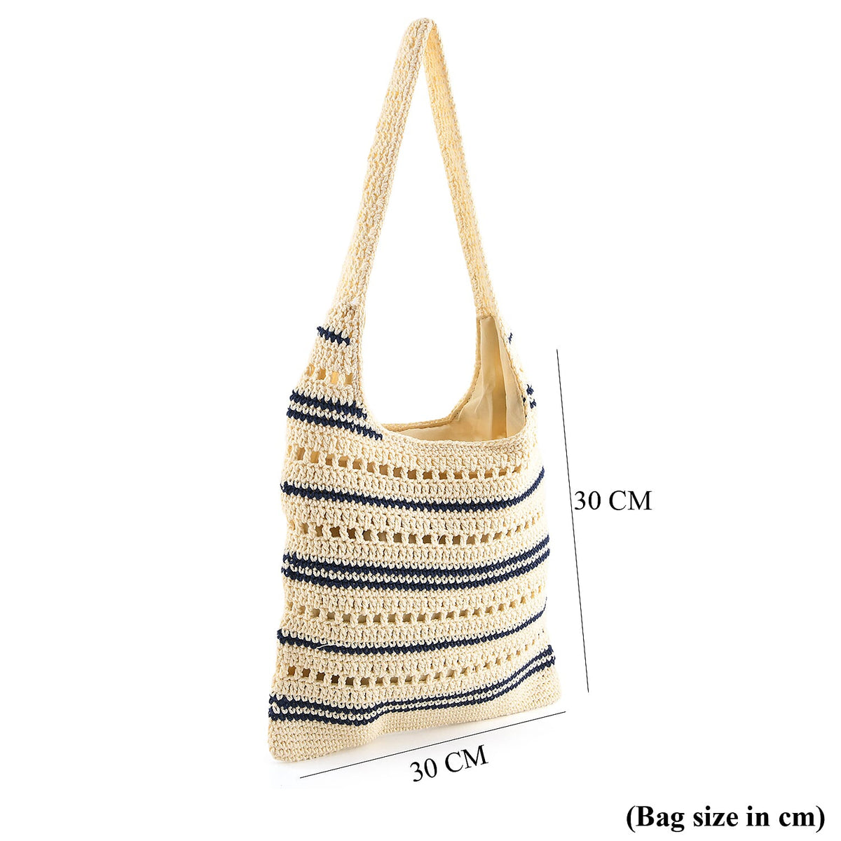 Striped Crochet Design Slouchy Tote Bag - Cream &amp; Blue V32516676 8