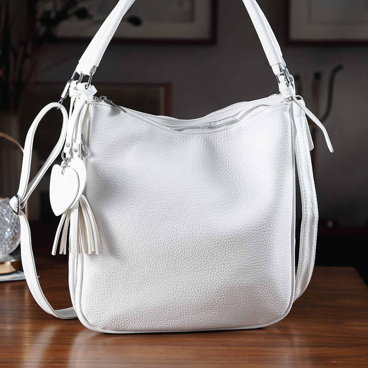 Leatherette Hobo Bag with Heart Charm &amp; Crossbody Strap (125 cm) -  White V32515276 2
