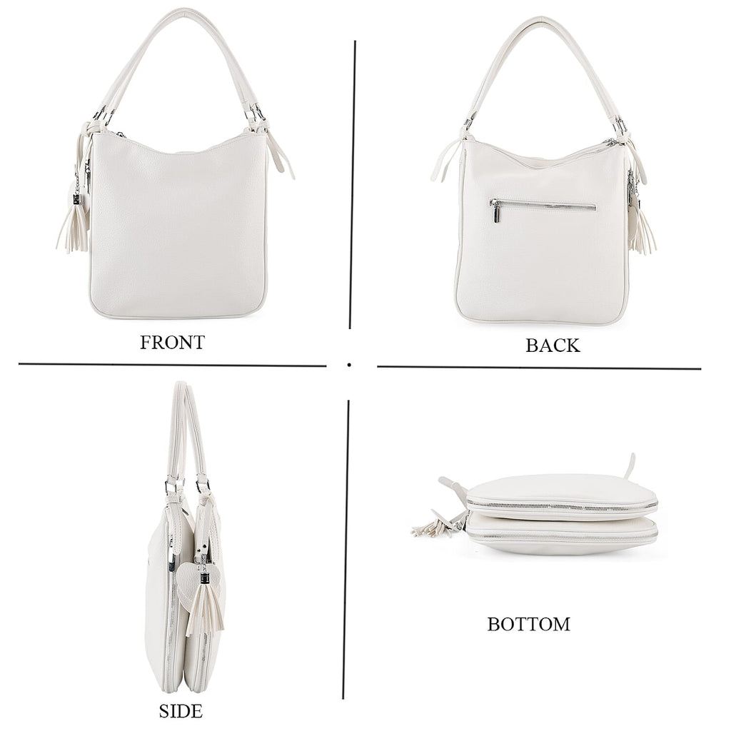 Leatherette Hobo Bag with Heart Charm & Crossbody Strap (125 cm) -  White