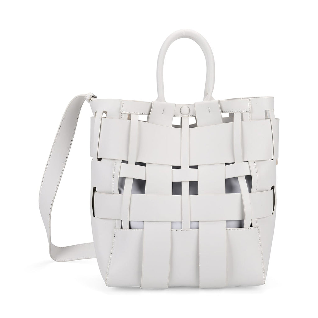 Hollow Woven Design Bucket Bag with Removable Drawstring Pouch - White