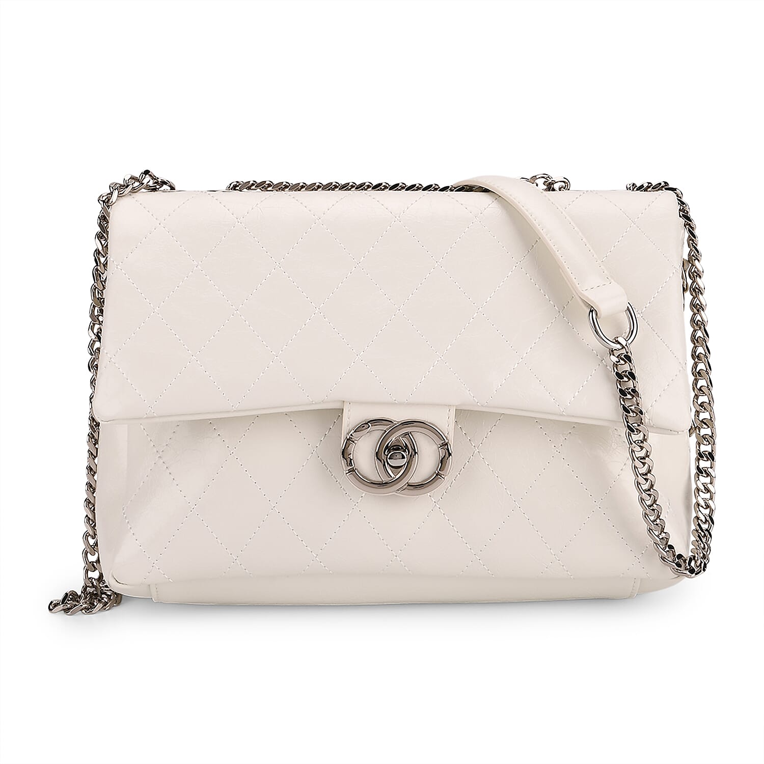 Designer Inspired - 100% Genuine Quilted Leather Crossbody Bag with Chain Strap - White 8165375 0