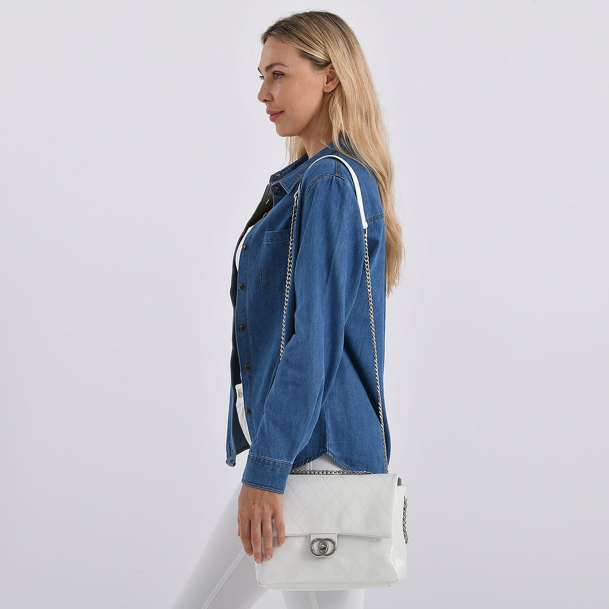Designer Inspired - 100% Genuine Quilted Leather Crossbody Bag with Chain Strap - White 8165375 2