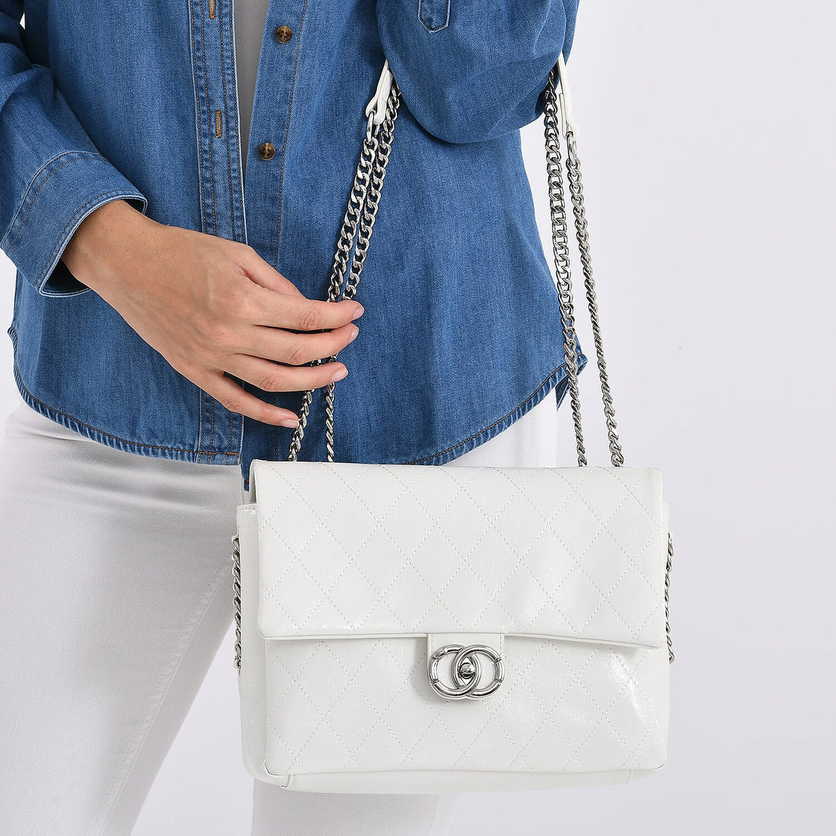 Designer Inspired - 100% Genuine Quilted Leather Crossbody Bag with Chain Strap - White 8165375 3