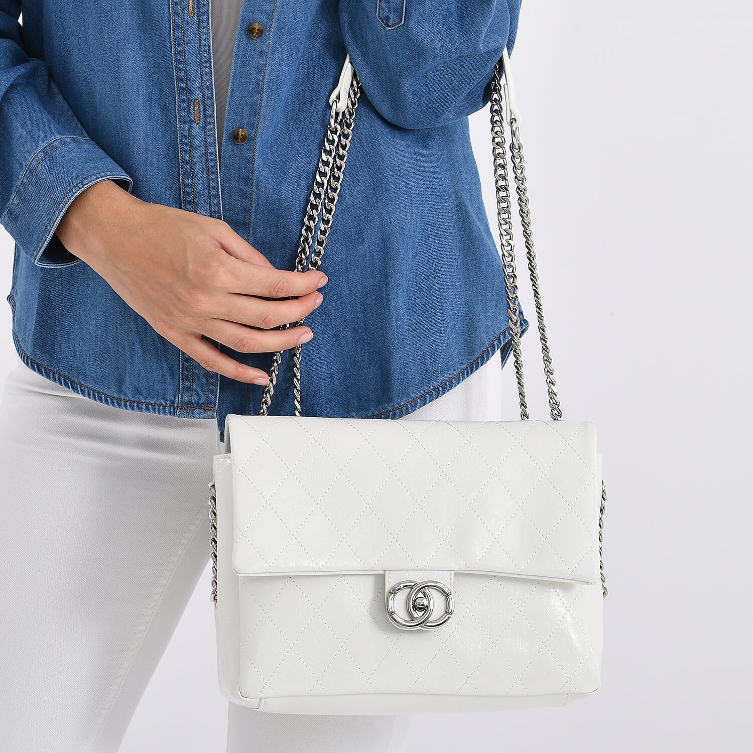 Designer Inspired - 100% Genuine Quilted Leather Crossbody Bag with Chain Strap - White 8165375 3