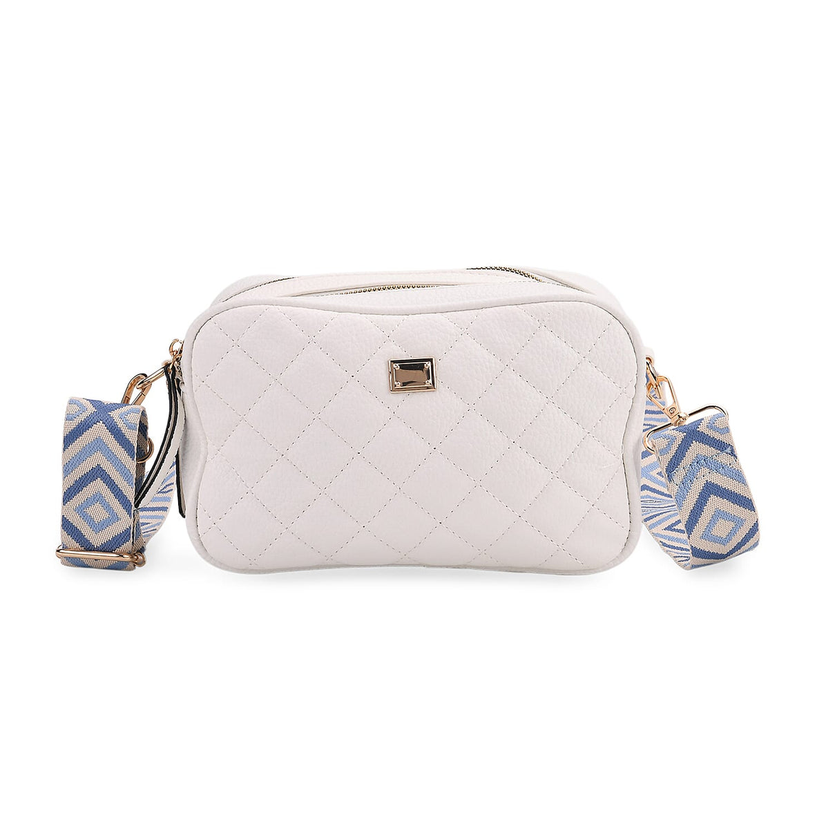 Stylish Quilted Crossbody Bag with Patterned Strap - White 8045347 0