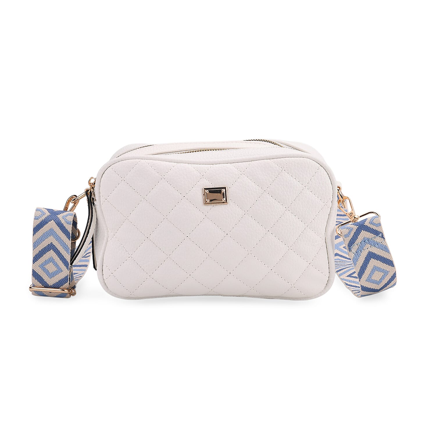 Stylish Quilted Crossbody Bag with Patterned Strap - White 8045347 0