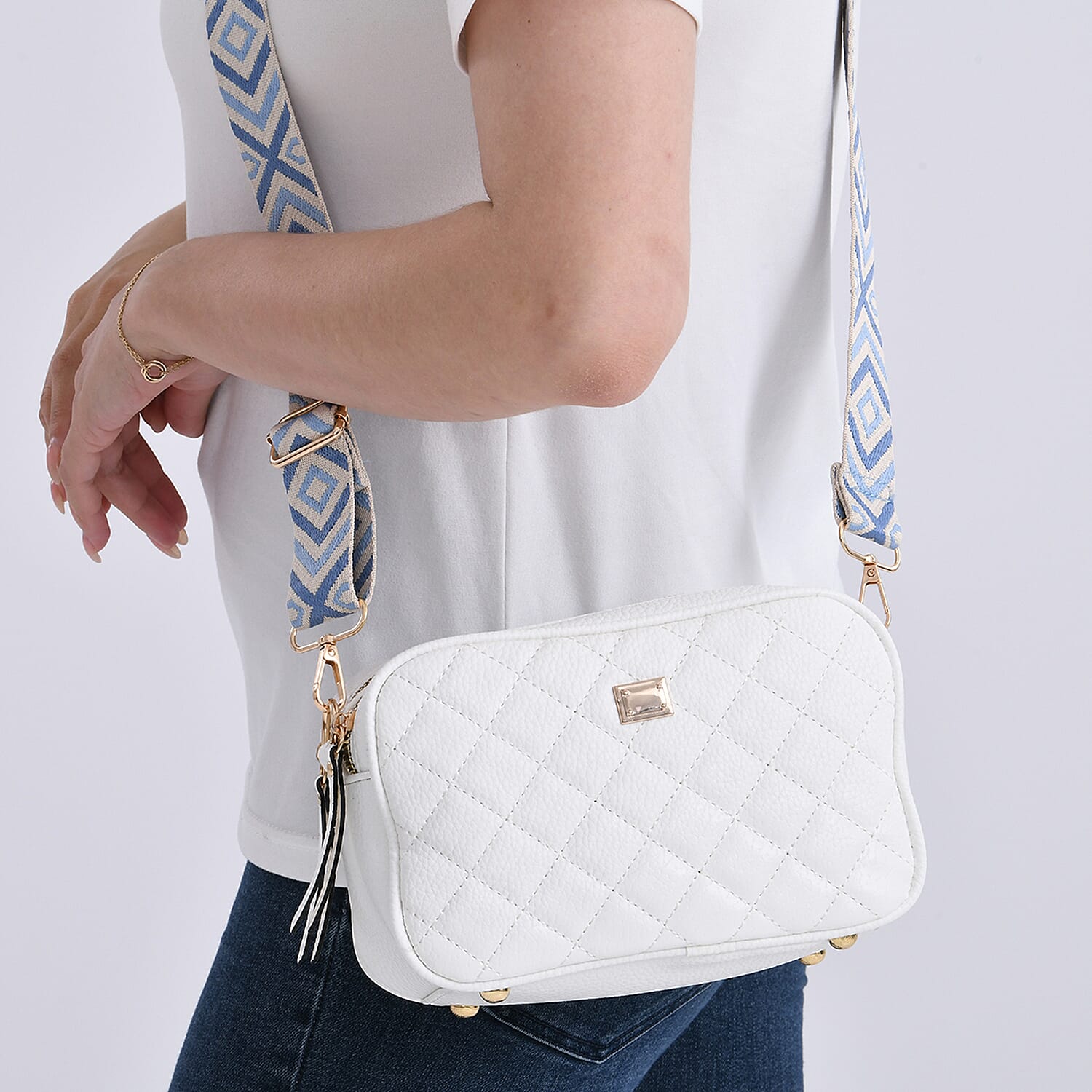 Stylish Quilted Crossbody Bag with Patterned Strap - White 8045347 3