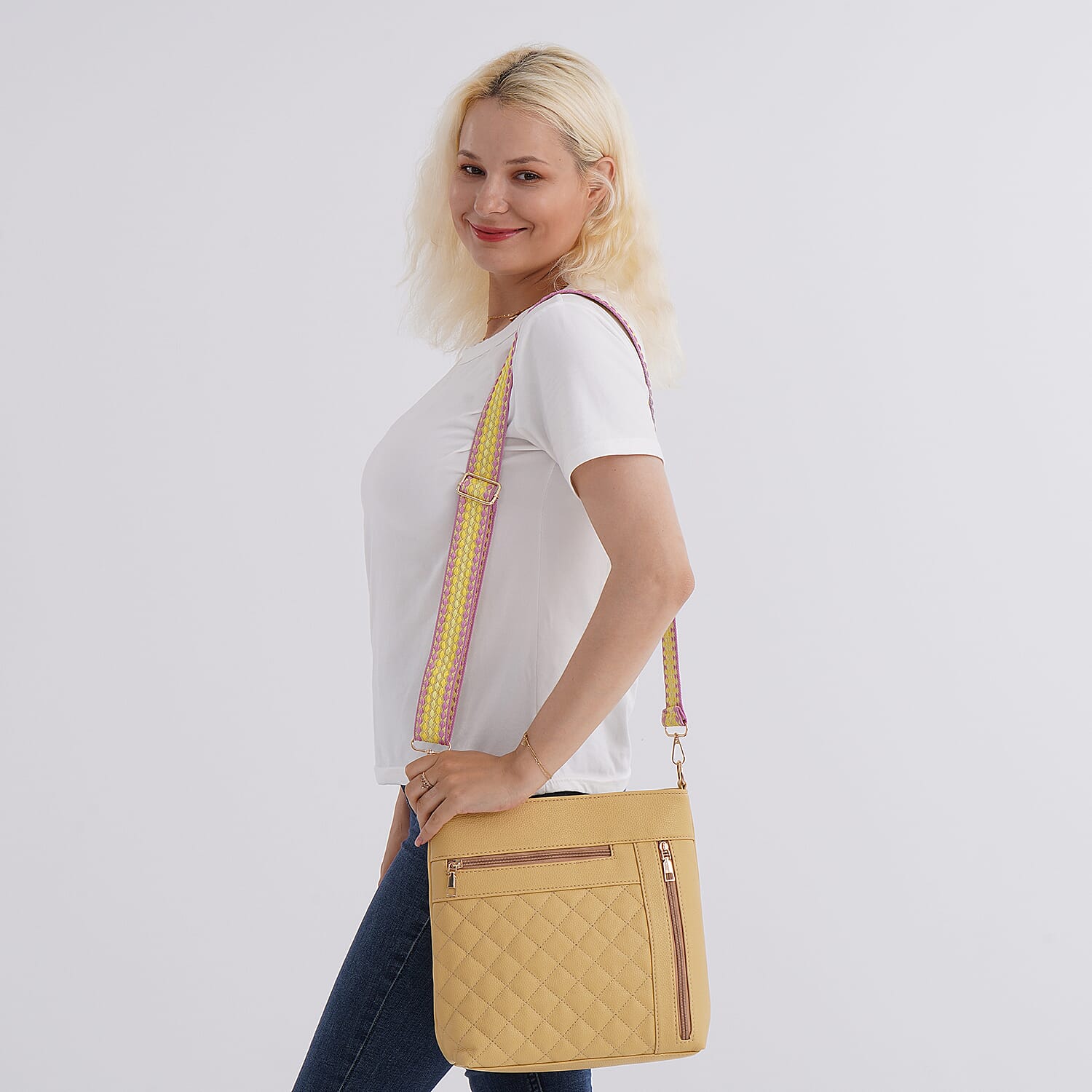 Quilted Diamond Pattern Crossbody Bag with Adjustable Strap - Yellow 8044860 2