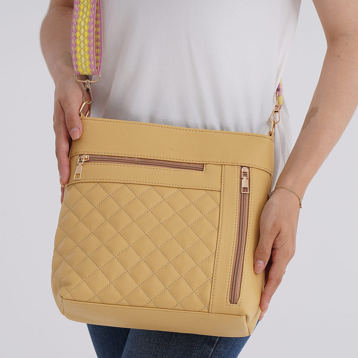 Quilted Diamond Pattern Crossbody Bag with Adjustable Strap - Yellow 8044860 3