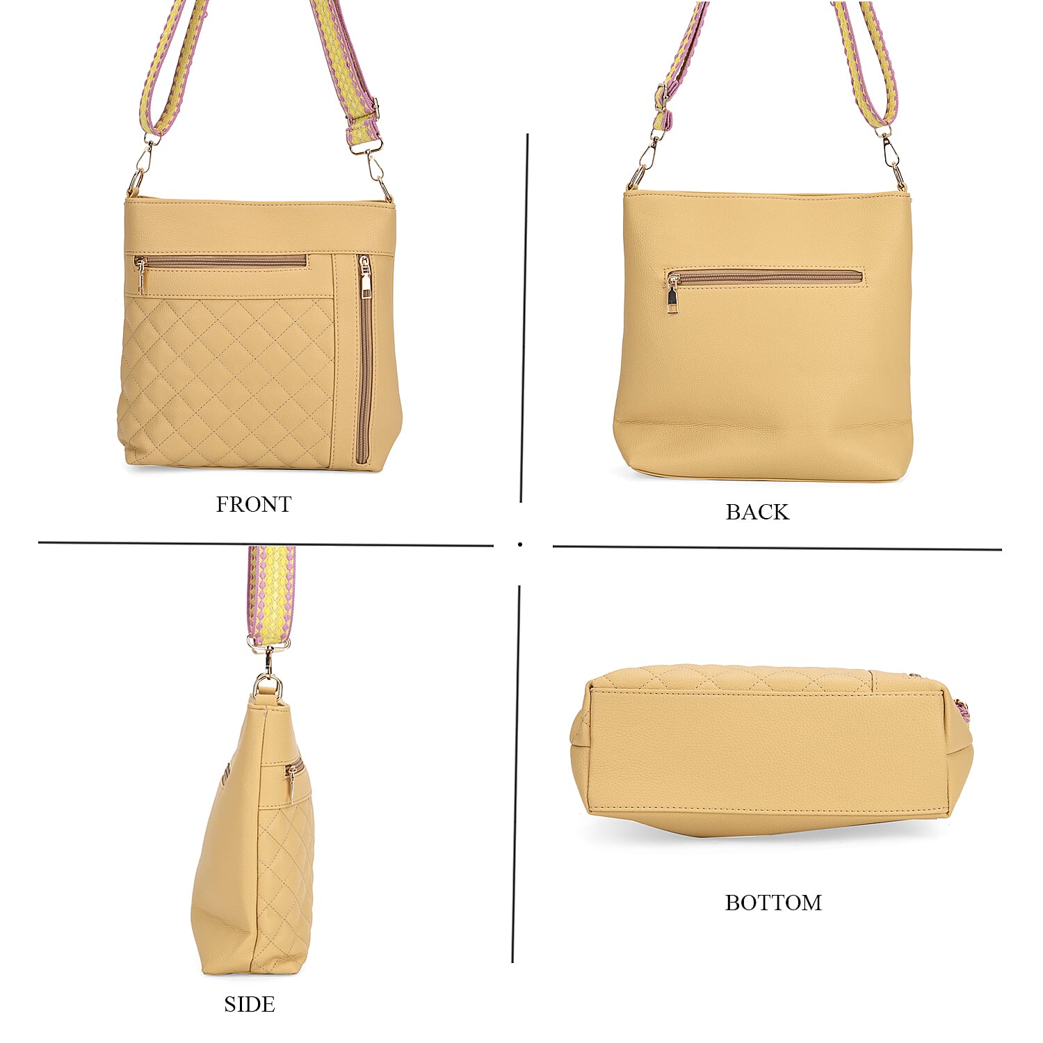 Quilted Diamond Pattern Crossbody Bag with Adjustable Strap - Yellow 8044860 4