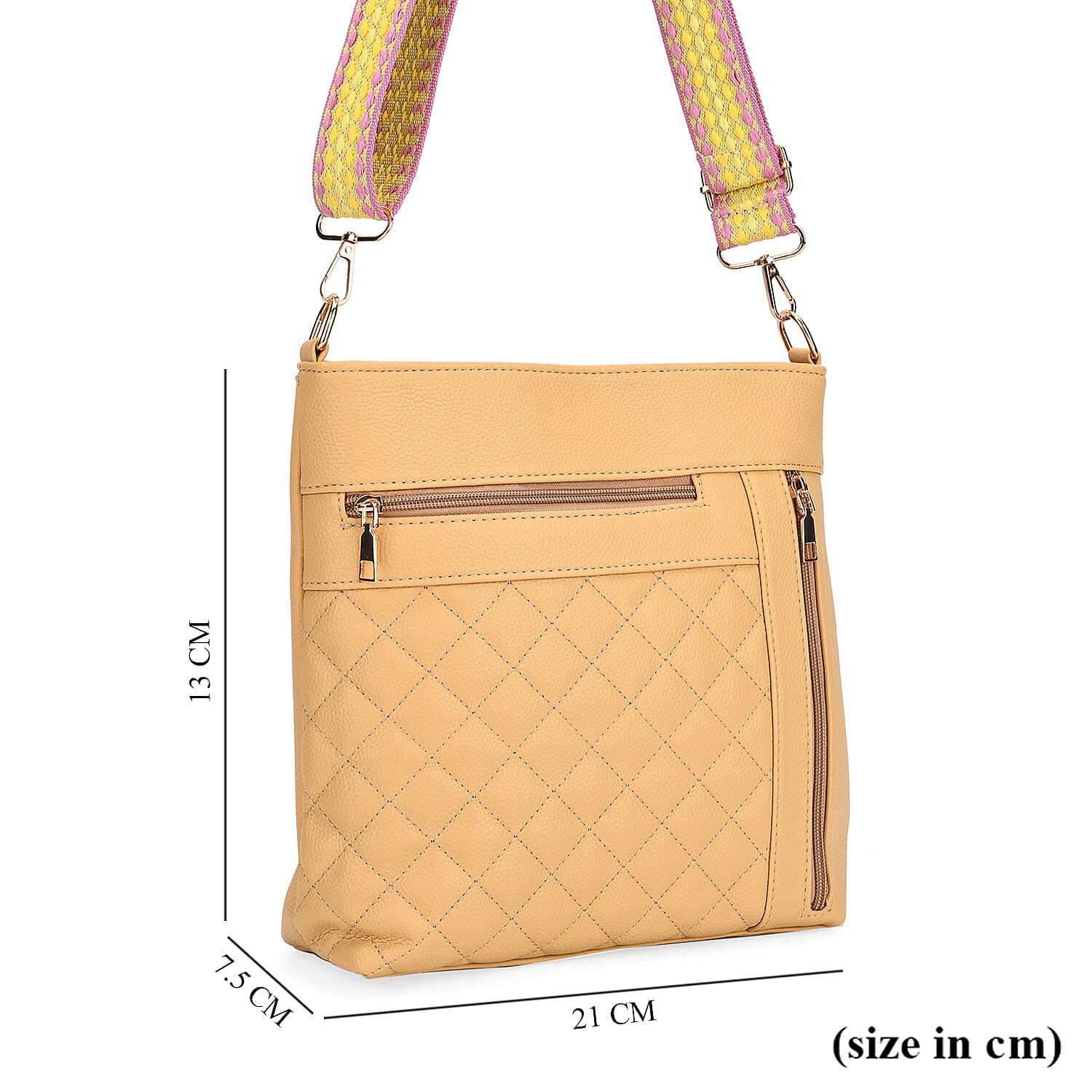 Quilted Diamond Pattern Crossbody Bag with Adjustable Strap - Yellow 8044860 7
