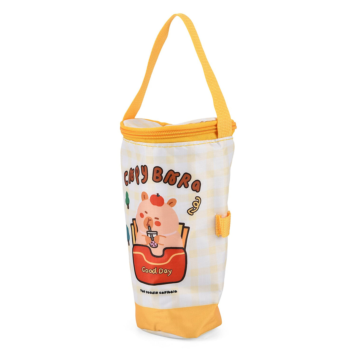 Cute Cartoon Print Insulated Tumbler Travel Mug Bag with Handle &amp; Straw Hole - Yellow &amp; White V32513855 0