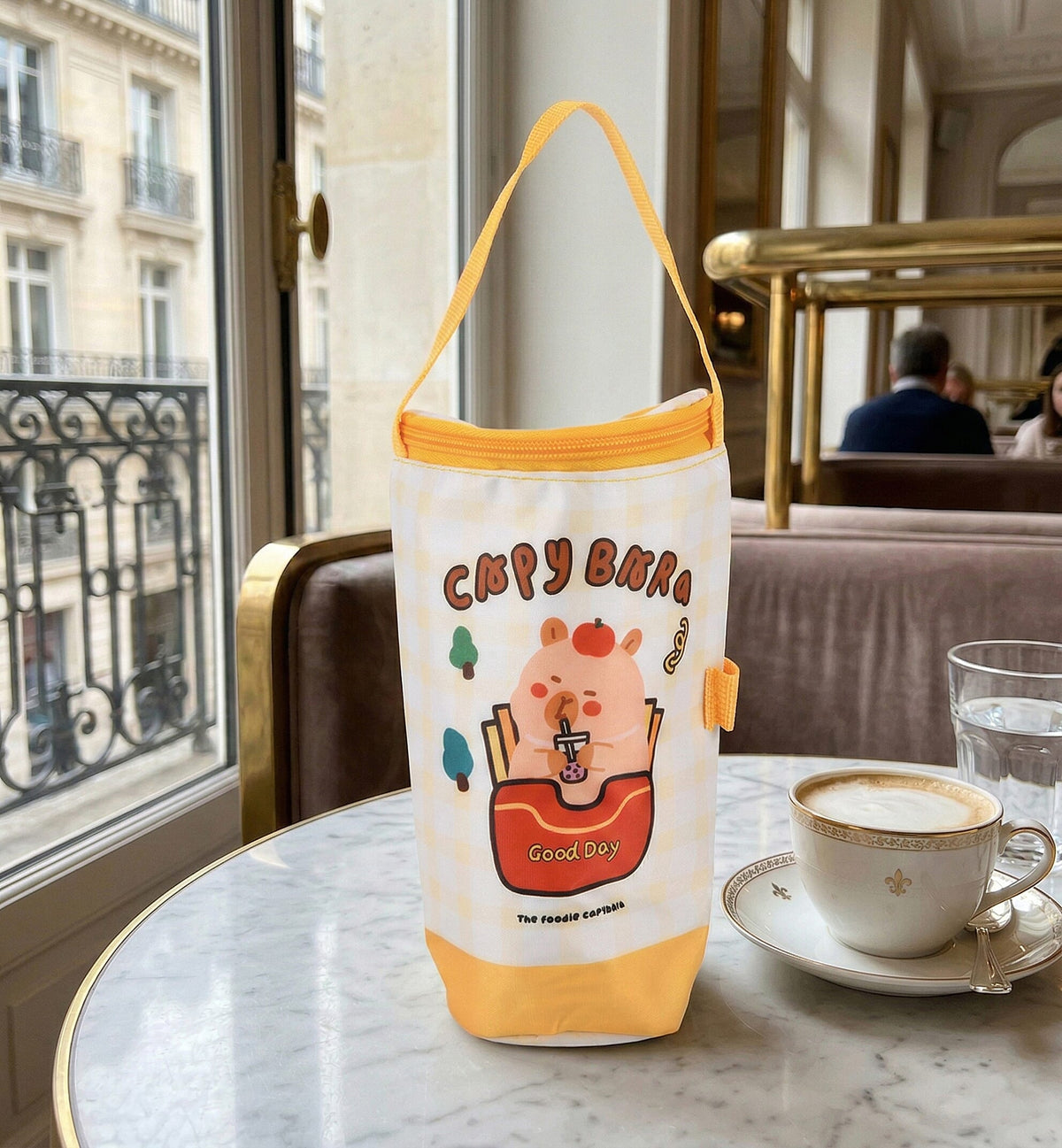 Cute Cartoon Print Insulated Tumbler Travel Mug Bag with Handle &amp; Straw Hole - Yellow &amp; White V32513855 2