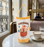 Cute Cartoon Print Insulated Tumbler Travel Mug Bag with Handle & Straw Hole - Yellow & White