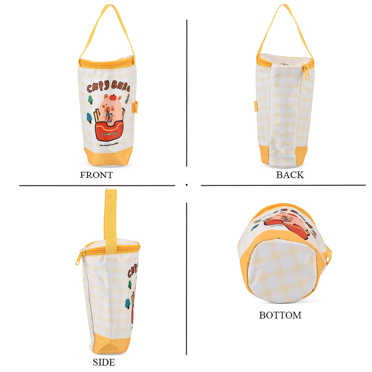 Cute Cartoon Print Insulated Tumbler Travel Mug Bag with Handle &amp; Straw Hole - Yellow &amp; White V32513855 3