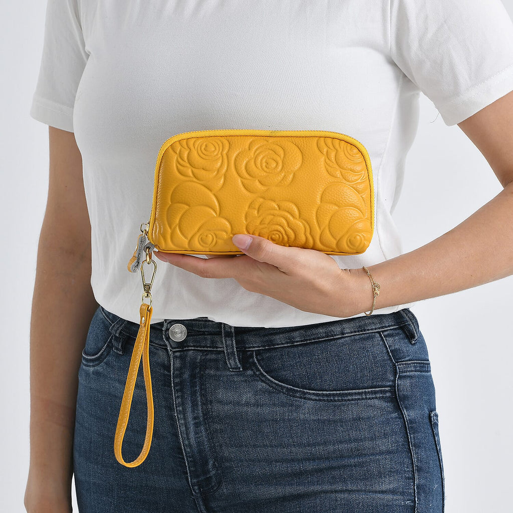 Genuine Leather Floral Embossed Wristlet Clutch Bag - Yellow