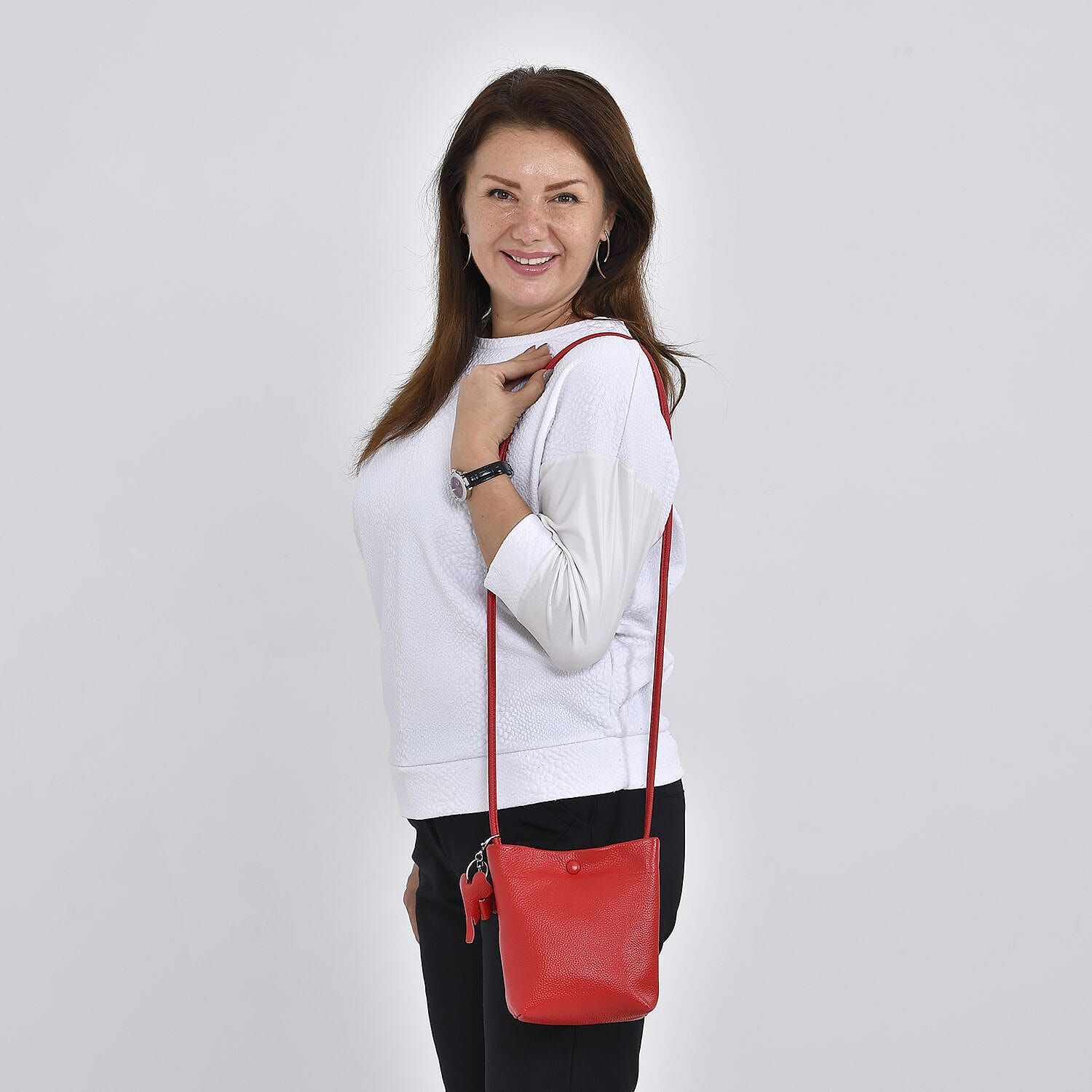 Crossbody 100% Leather Bag with Long Strap and Elephant Keychain - Red 7303142 1