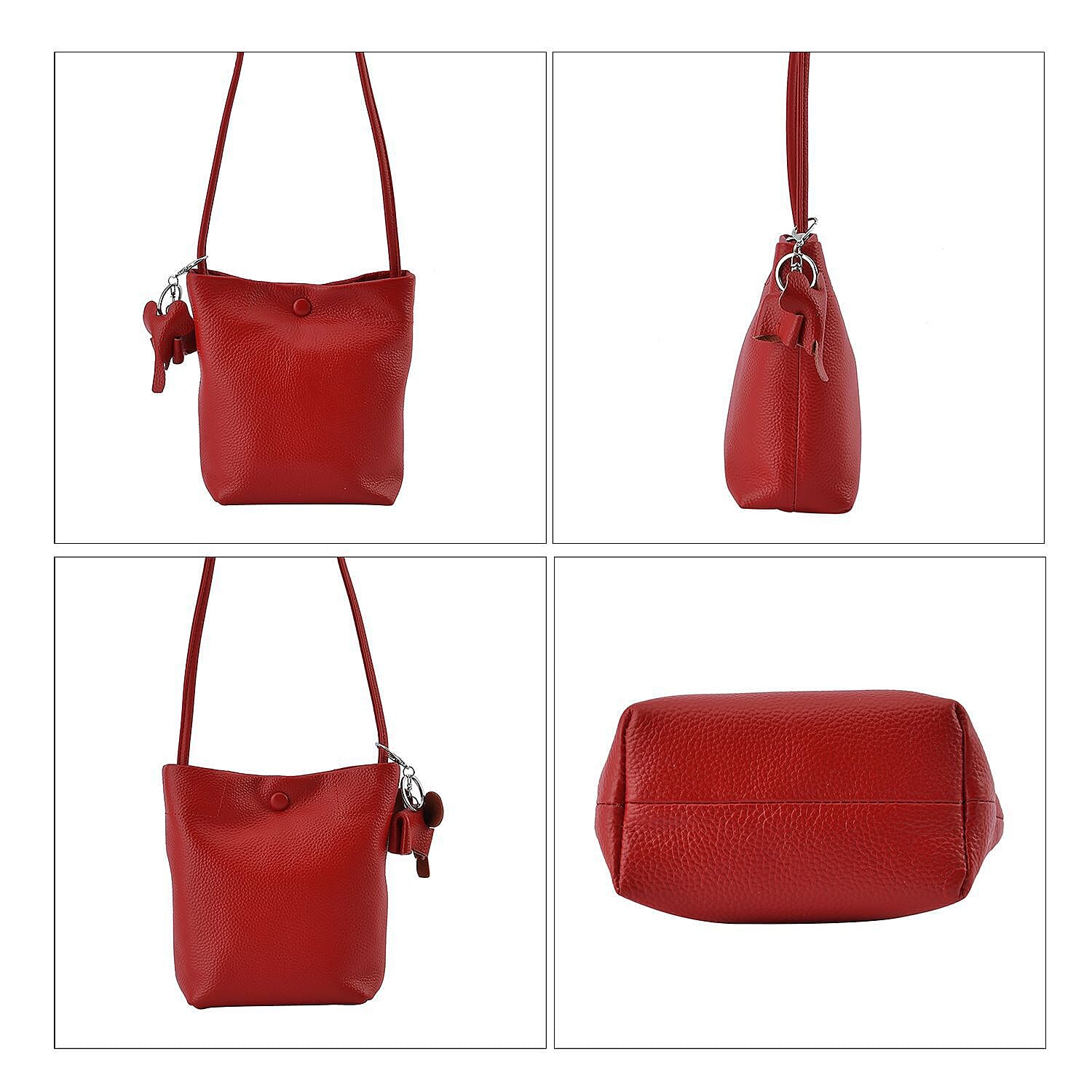Crossbody 100% Leather Bag with Long Strap and Elephant Keychain - Red 7303142 3