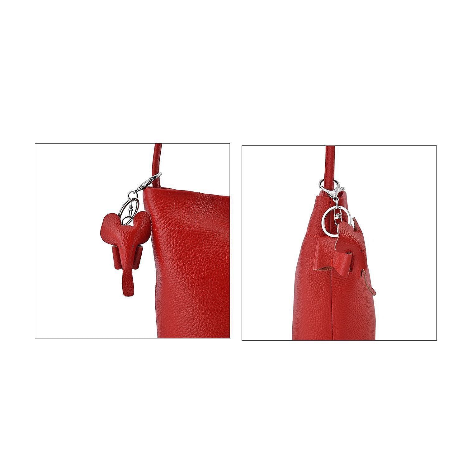 Crossbody 100% Leather Bag with Long Strap and Elephant Keychain - Red 7303142 4