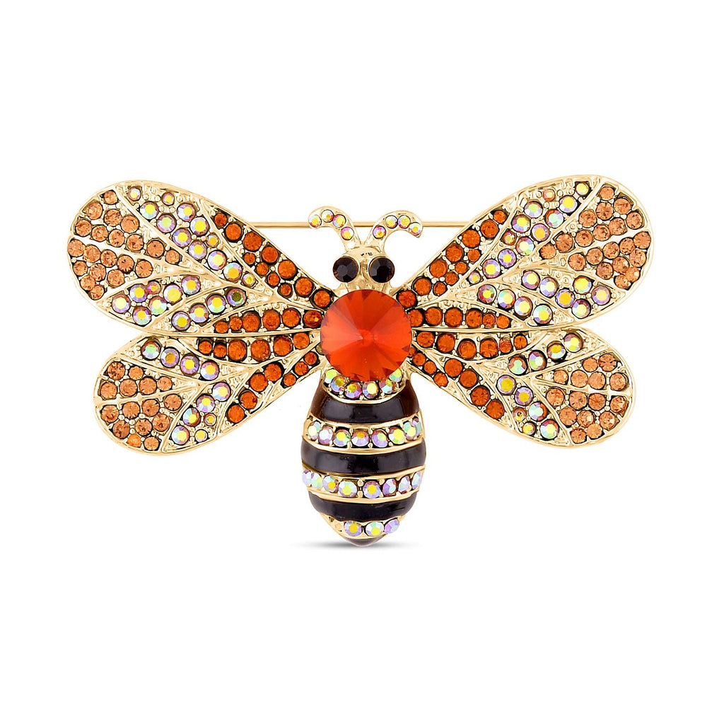 Multi Colour Austrian Crystal and Simulated Brown Topaz Enamelled Dragonfly Brooch in Yellow Gold Tone