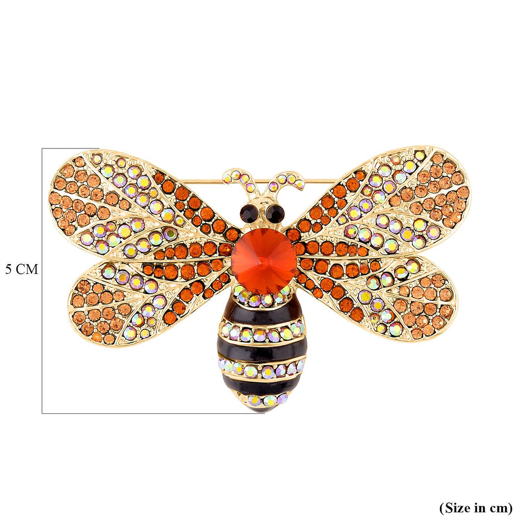 Multi Colour Austrian Crystal and Simulated Brown Topaz Enamelled Dragonfly Brooch in Yellow Gold Tone