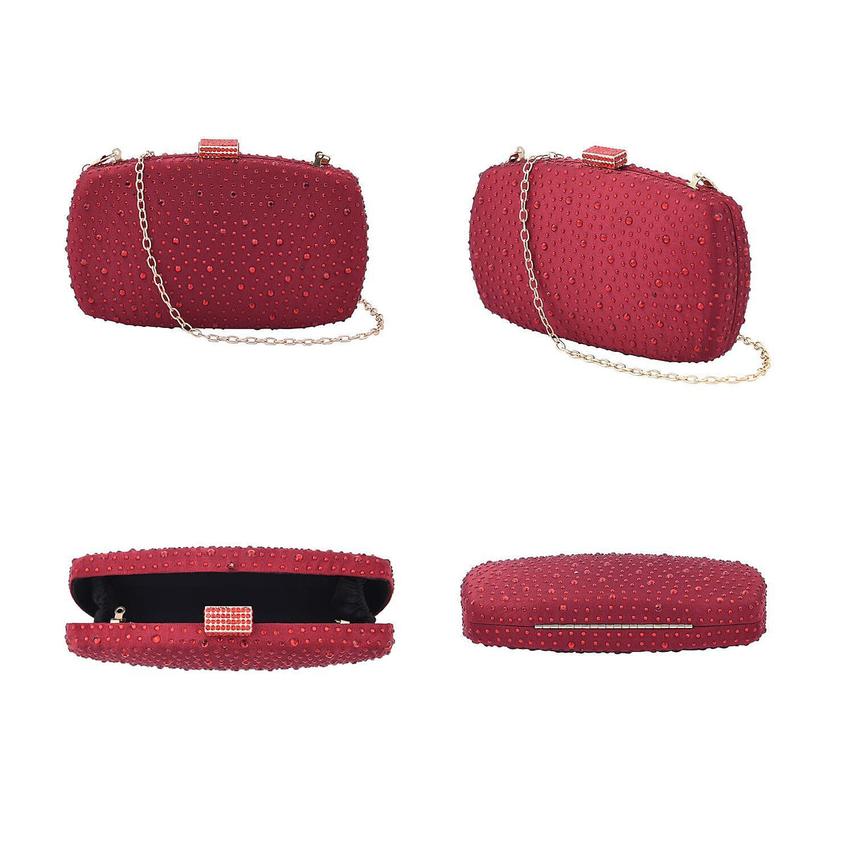 Crystal Decorative Clutch Bag with Long Chain Strap - Red 7597597 4