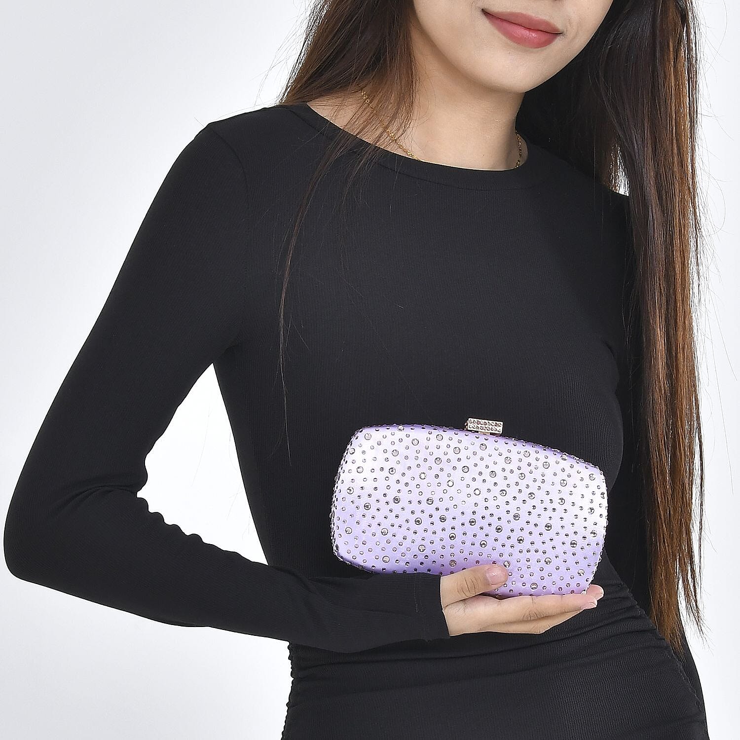 Crystal Decorative Clutch Bag with Long Chain Strap - Lilac 7063202 2