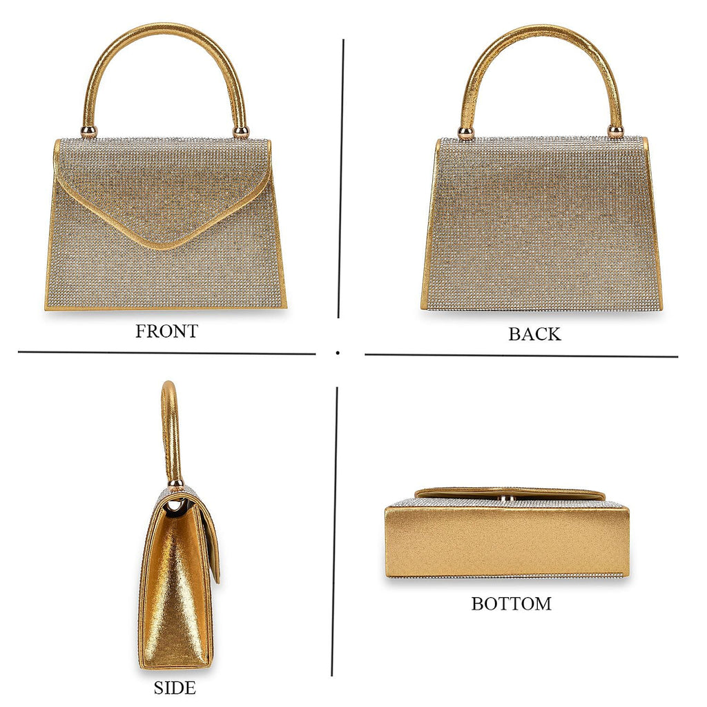 Crystal Patterned Clutch Bag with Long Chain Strap - Gold