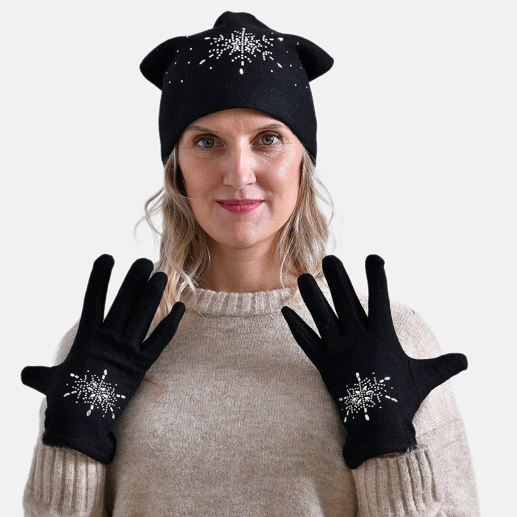 2 Piece Cashmere Set- Crystal Pattern Hat and Gloves - Black