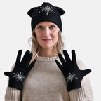 2 Piece Cashmere Set- Crystal Pattern Hat and Gloves - Black