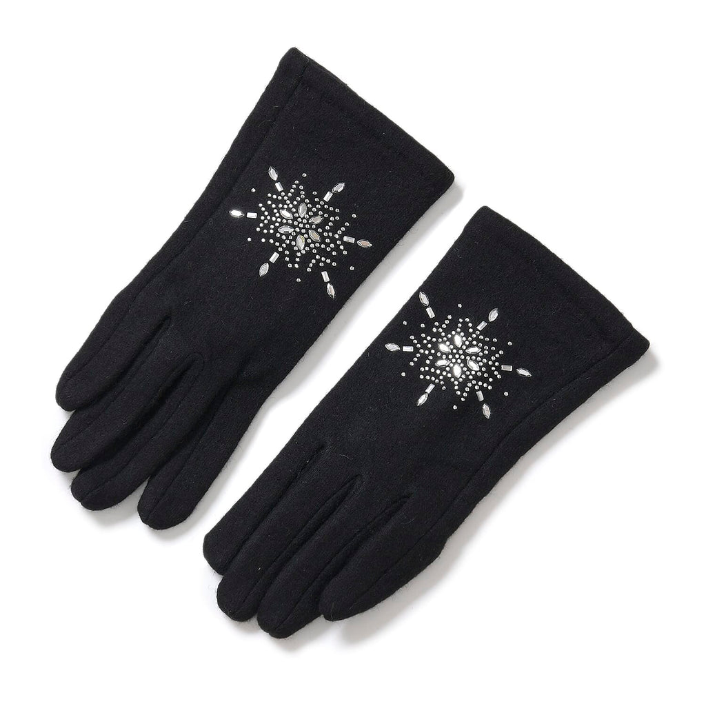 2 Piece Cashmere Set- Crystal Pattern Hat and Gloves - Black