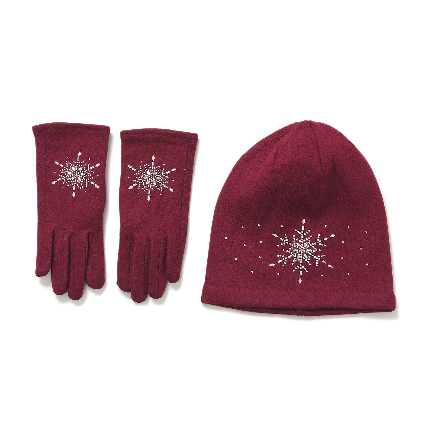 Crystal Snowflake Beanie and Gloves Set - Wine Red 7850688 12