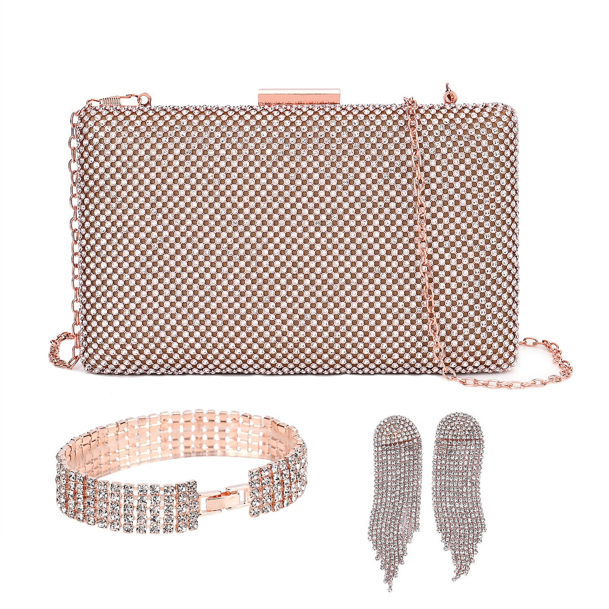 Women's Crystal Evening Accessory Set â€“ Rhinestone Clutch Bag with Bracelet and Dangling Earrings V32637840 0