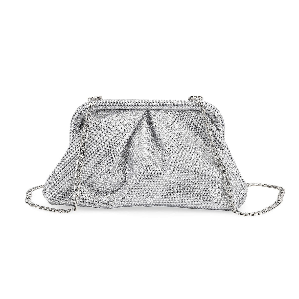 Crystal Embellished Pouch Clutch Bag with Silver Chain Strap - Silver 8036749 0