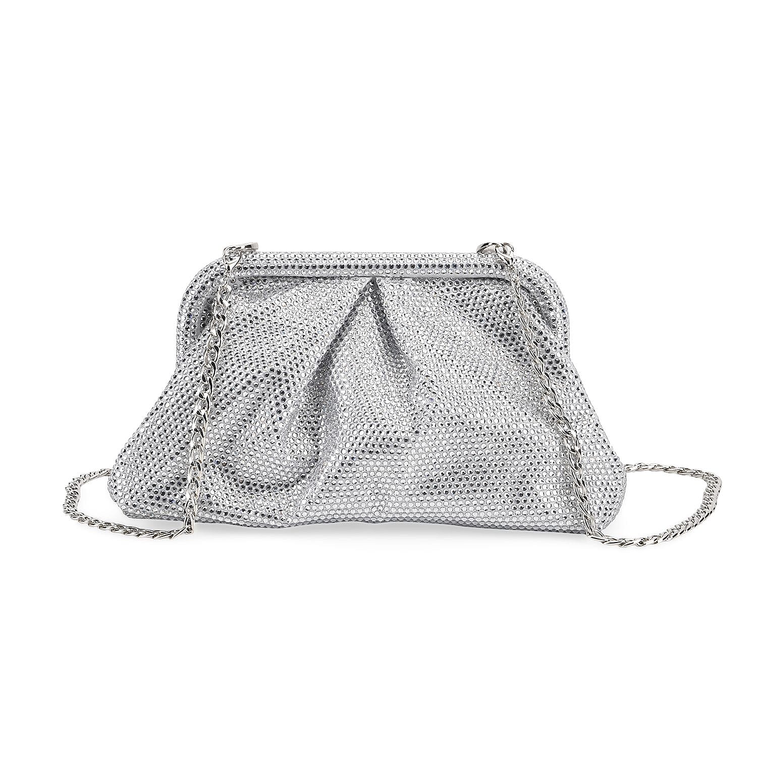 Crystal Embellished Pouch Clutch Bag with Silver Chain Strap - Silver 8036749 0