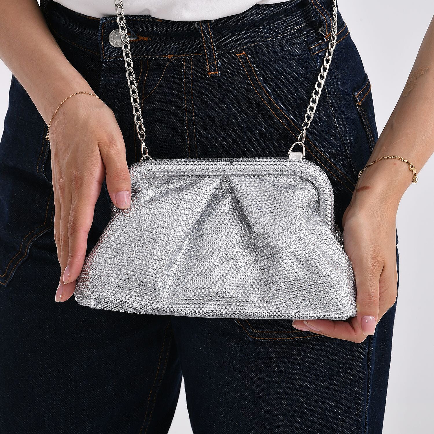 Crystal Embellished Pouch Clutch Bag with Silver Chain Strap - Silver 8036749 3