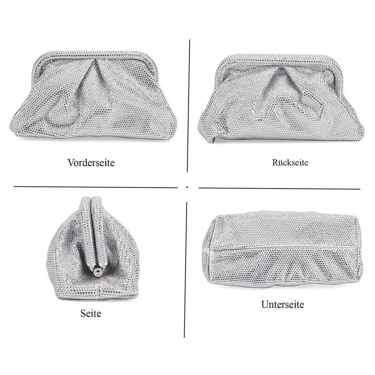 Crystal Embellished Pouch Clutch Bag with Silver Chain Strap - Silver 8036749 4