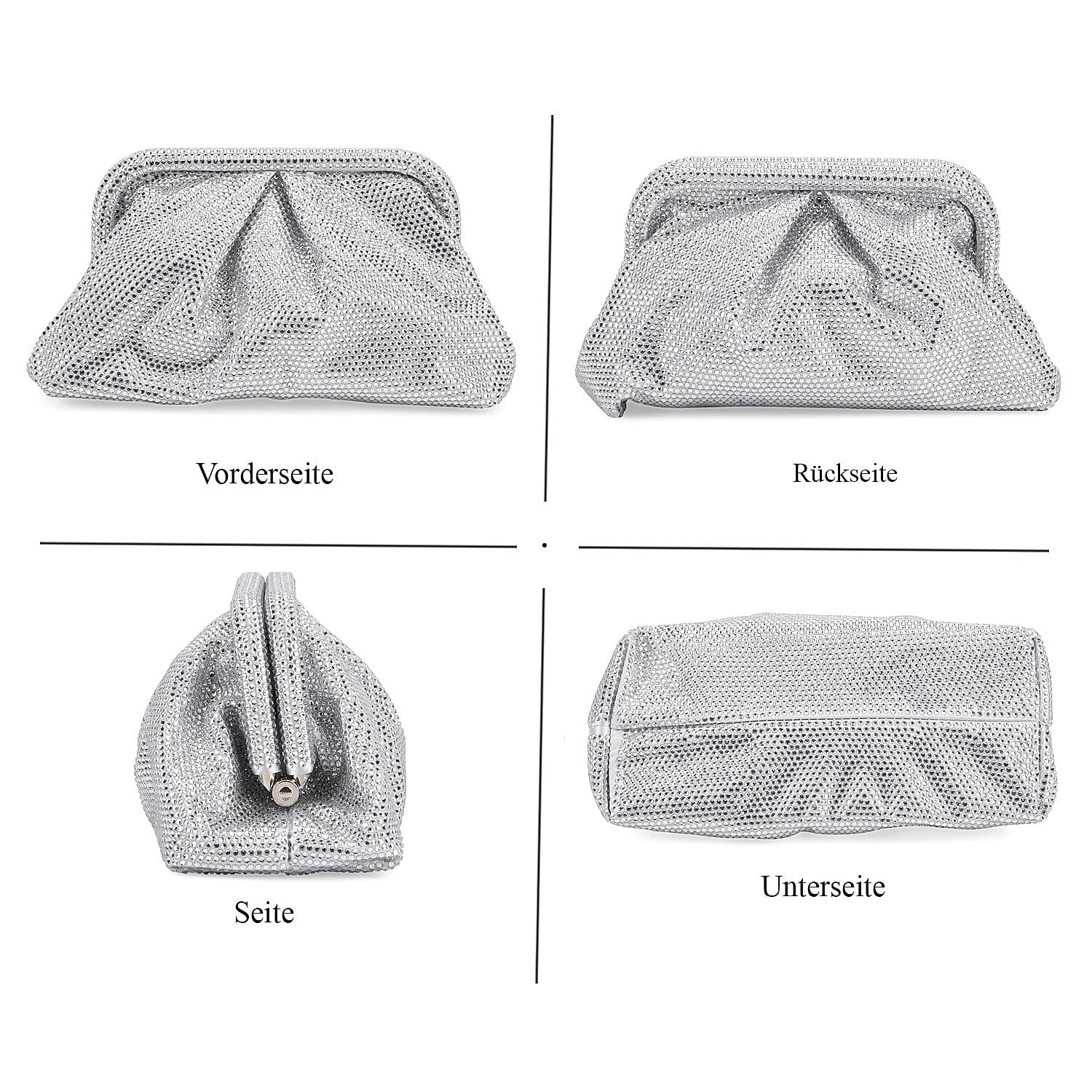 Crystal Embellished Pouch Clutch Bag with Silver Chain Strap - Silver 8036749 4