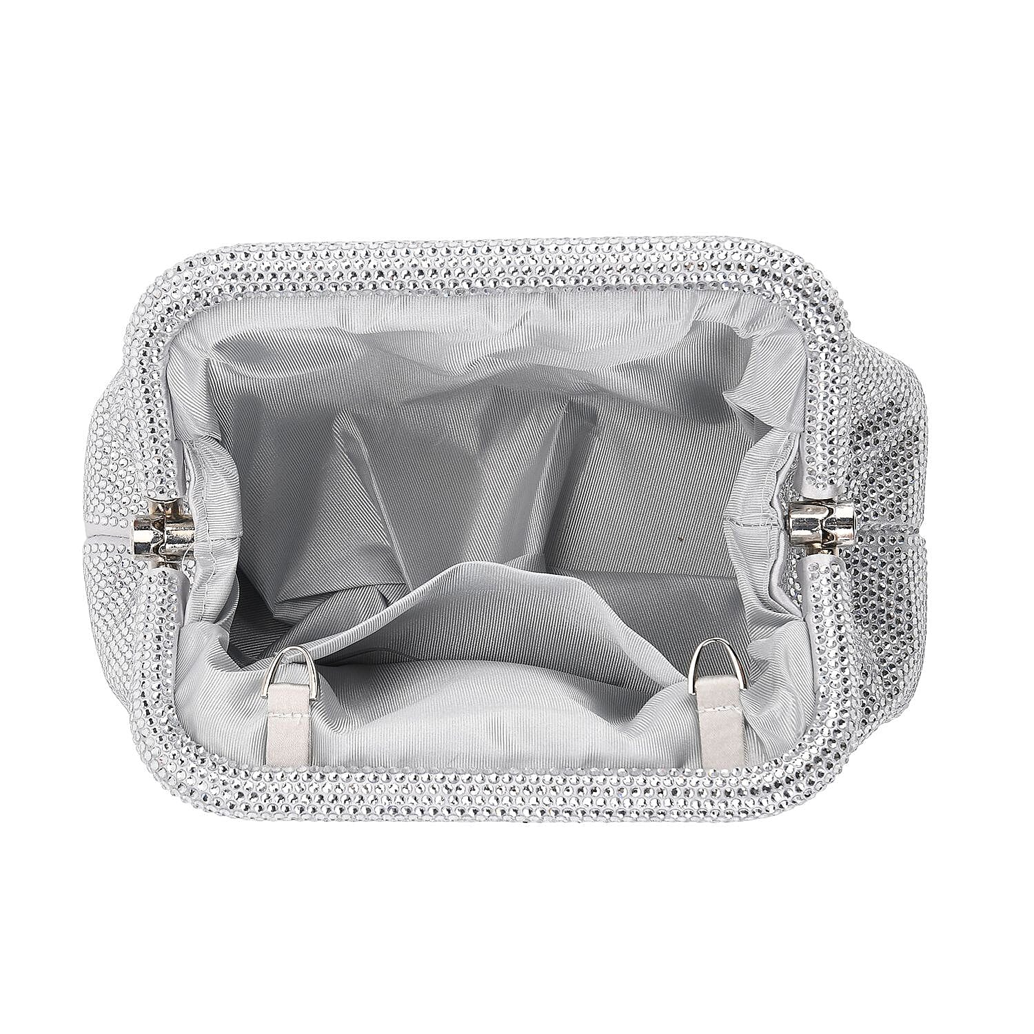 Crystal Embellished Pouch Clutch Bag with Silver Chain Strap - Silver 8036749 5