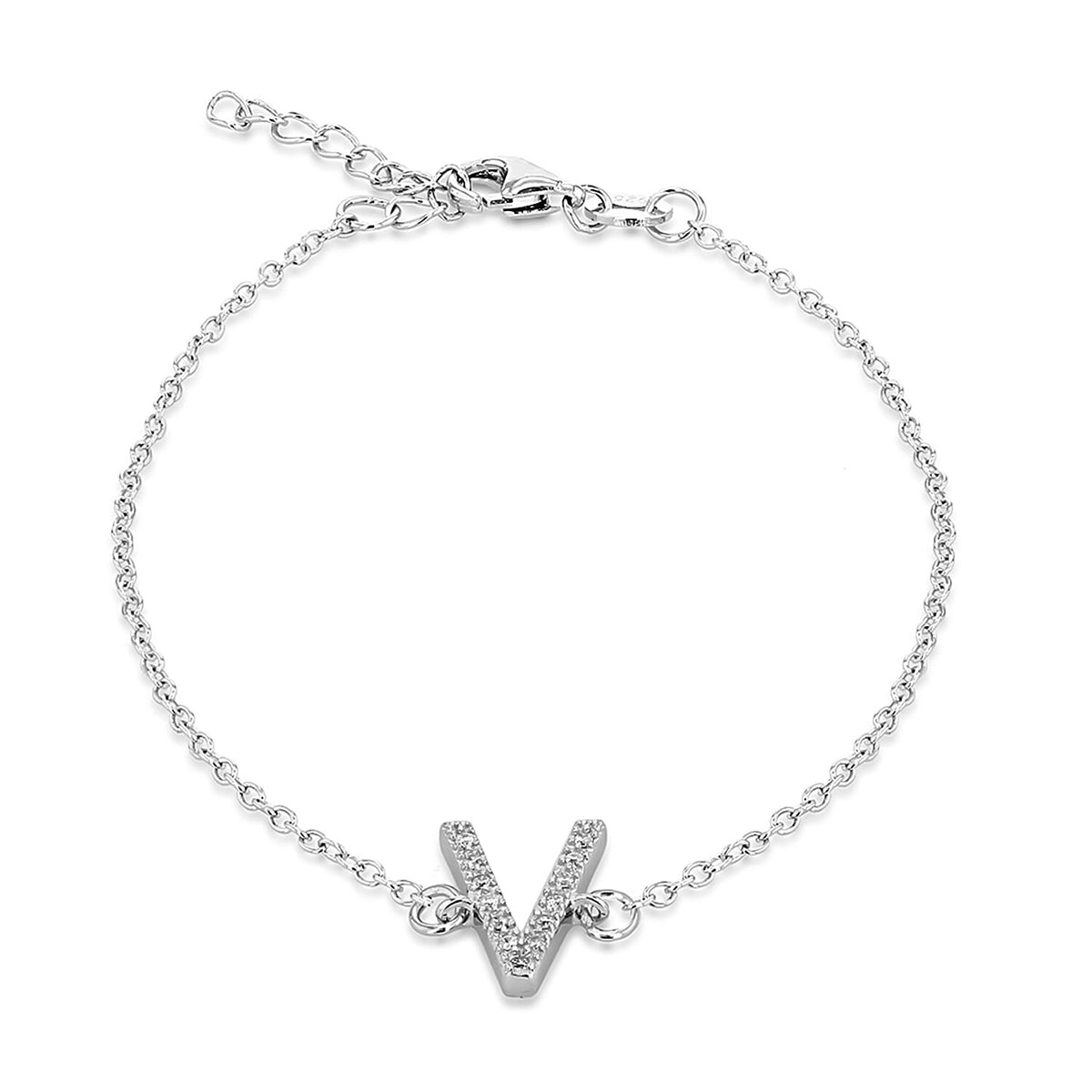 V Initial Bracelet 7.5 Inch in Sterling Silver Rhodium Plated Cubic Zirconia 8.5mm x 11mm 7389111 0