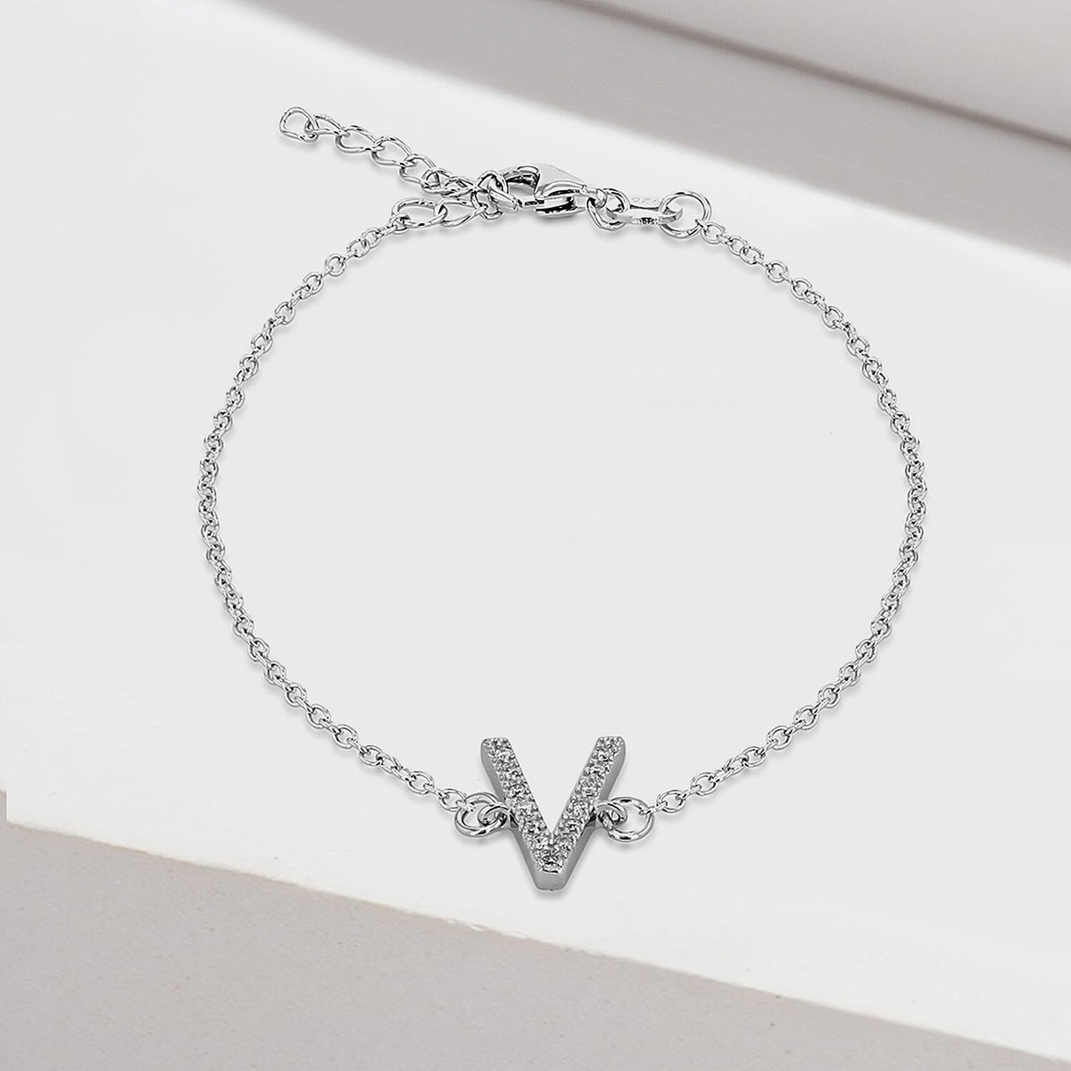 V Initial Bracelet 7.5 Inch in Sterling Silver Rhodium Plated Cubic Zirconia 8.5mm x 11mm 7389111 1