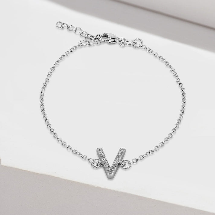 V Initial Bracelet 7.5 Inch in Sterling Silver Rhodium Plated Cubic Zirconia 8.5mm x 11mm 7389111 2