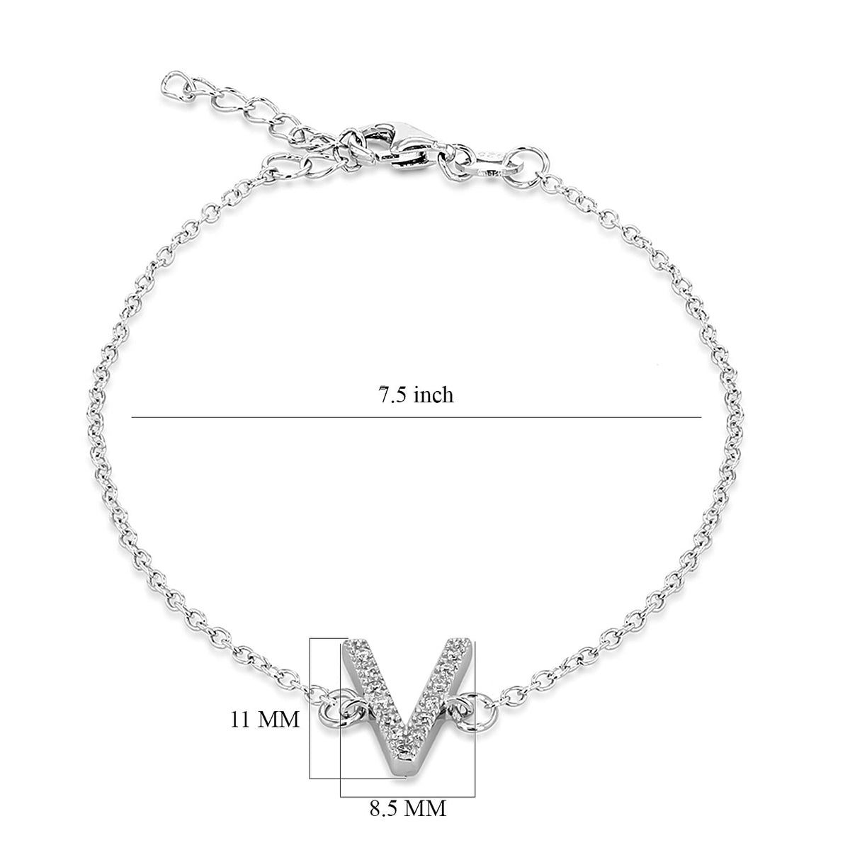 V Initial Bracelet 7.5 Inch in Sterling Silver Rhodium Plated Cubic Zirconia 8.5mm x 11mm 7389111 4