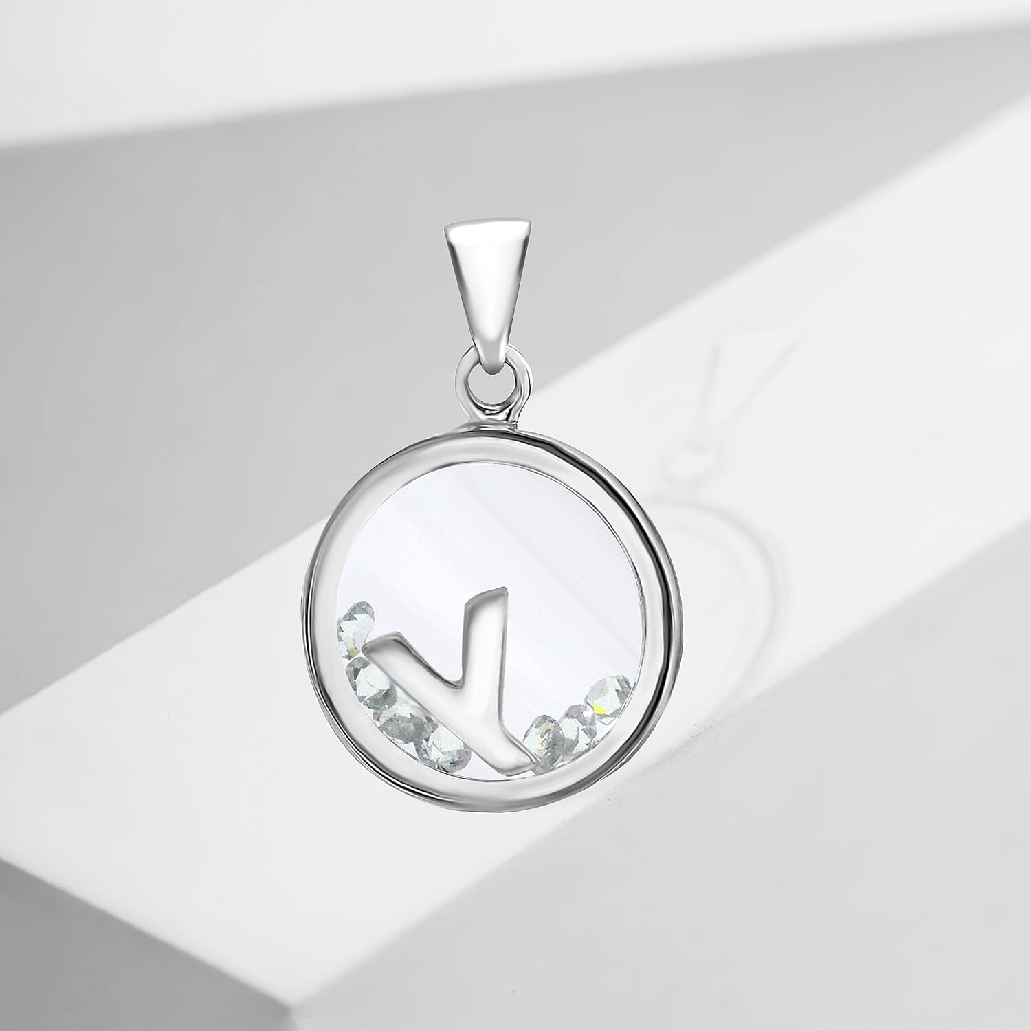 Y Initial Floating Case Pendant in Sterling Silver Cubic Zirconia 14mm x 22mm 7387543 1