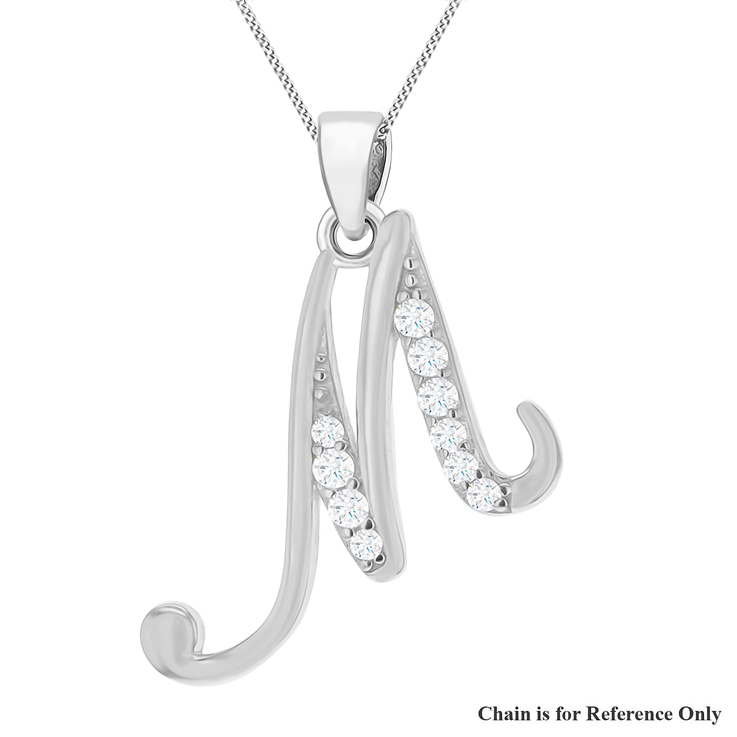 M Initial Pendant in Script Font in Sterling Silver Rhodium Plated Cubic Zirconia 16.5mm x 21.5mm 7384660 0
