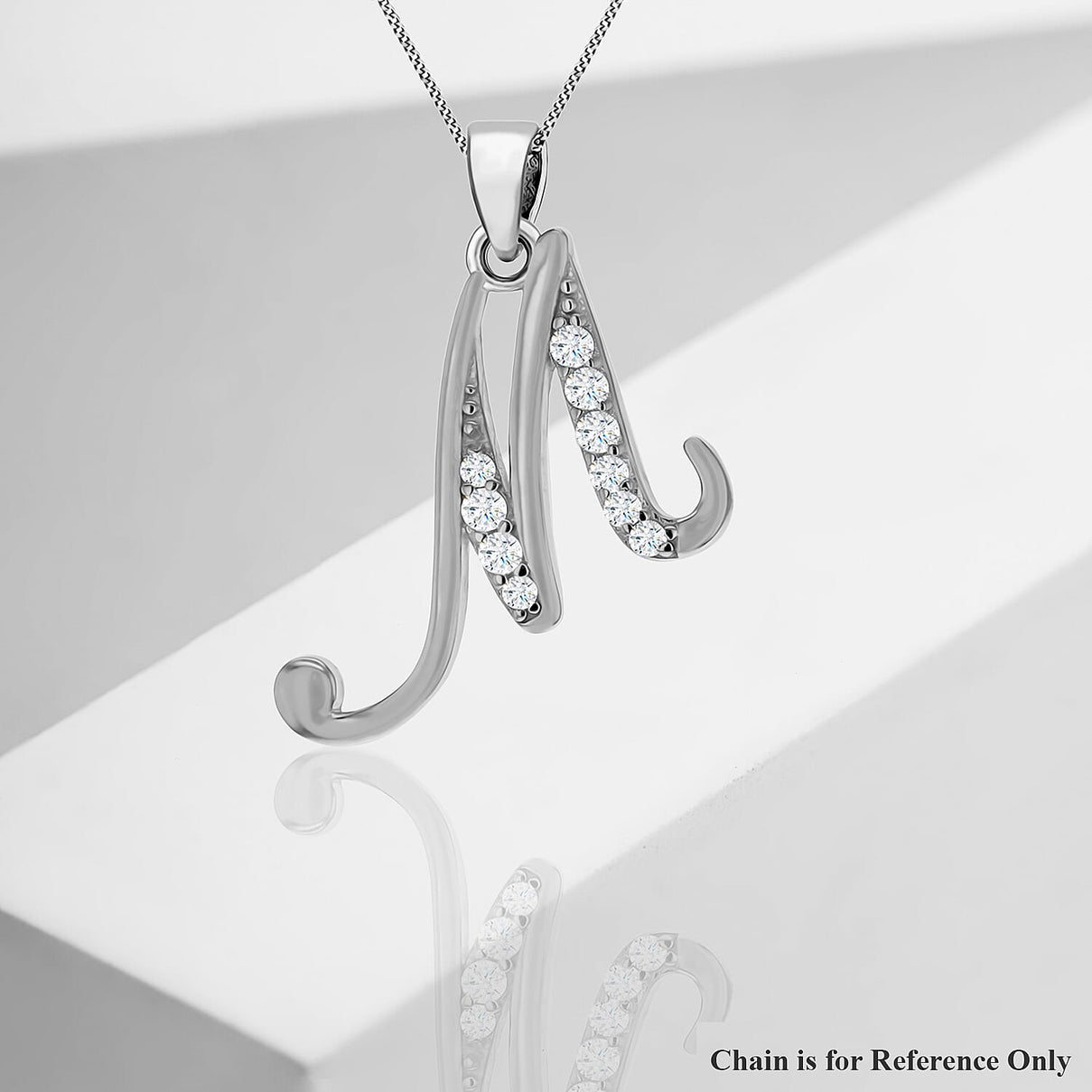 M Initial Pendant in Script Font in Sterling Silver Rhodium Plated Cubic Zirconia 16.5mm x 21.5mm 7384660 1