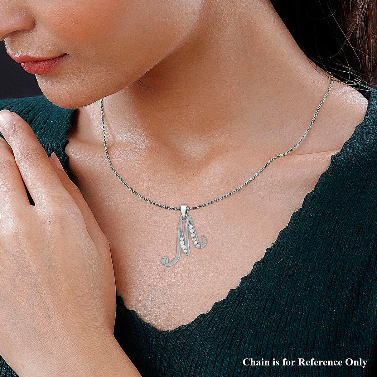 M Initial Pendant in Script Font in Sterling Silver Rhodium Plated Cubic Zirconia 16.5mm x 21.5mm 7384660 2