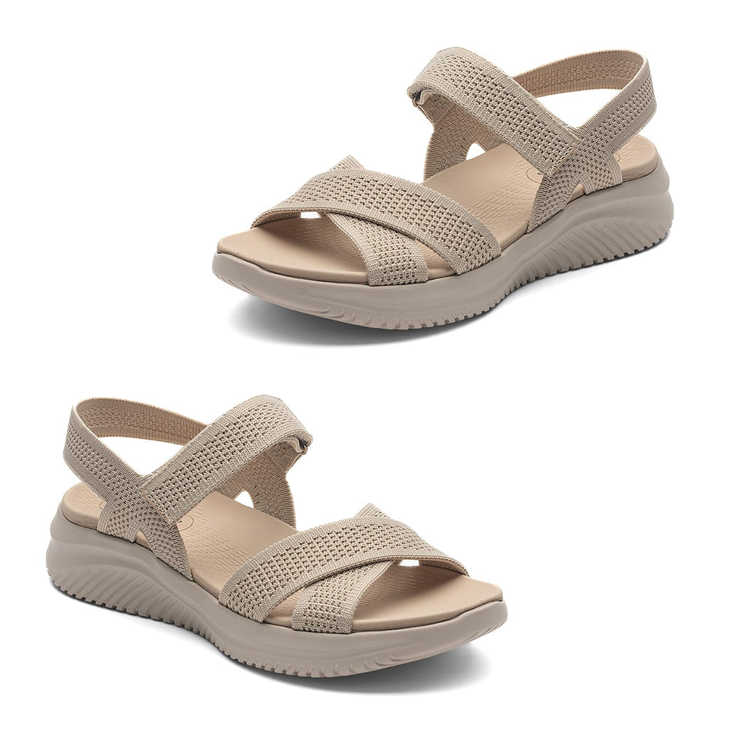 Cushion Walk Steph Lifestyle Collection Classic Stretch Knit Crossover Strap Sandals With Touch And Close Strap And Extra Padding (Size 5) - Beige