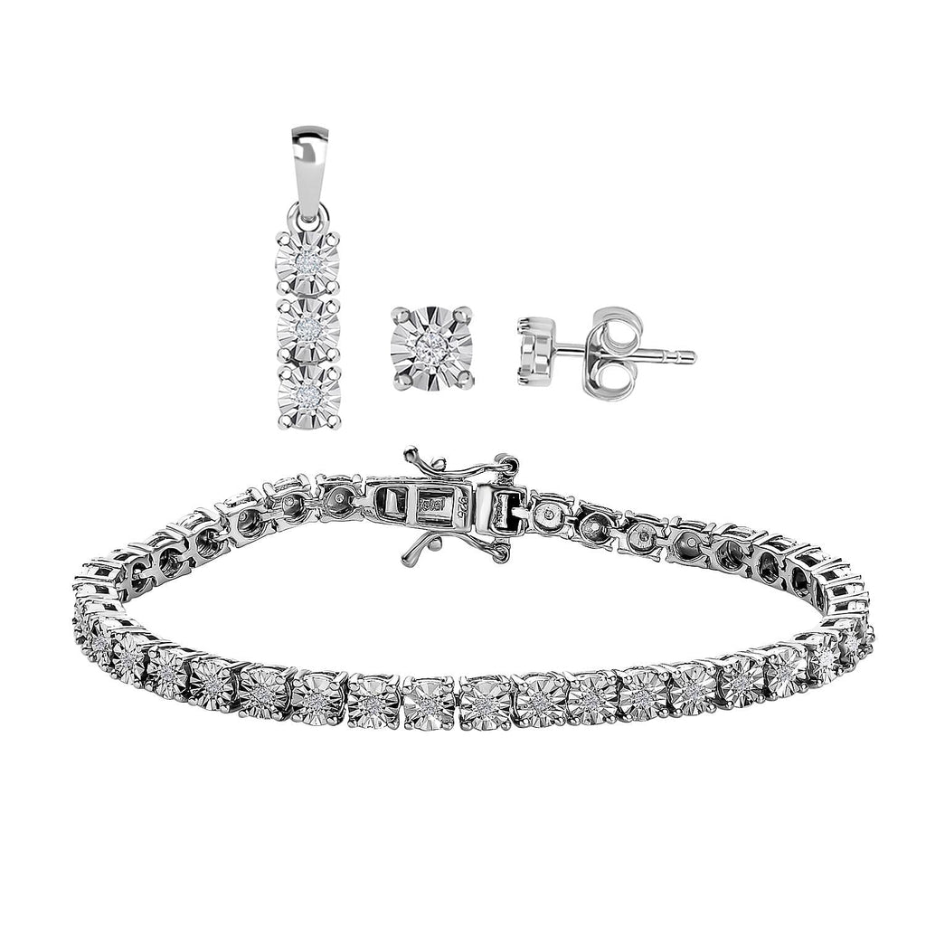 3 Piece Set - Diamond Tennis Bracelet (Size 8), Earrings and Pendant in Platinum Overlay Sterling Silver, Silver Wt. 14.78 Gms