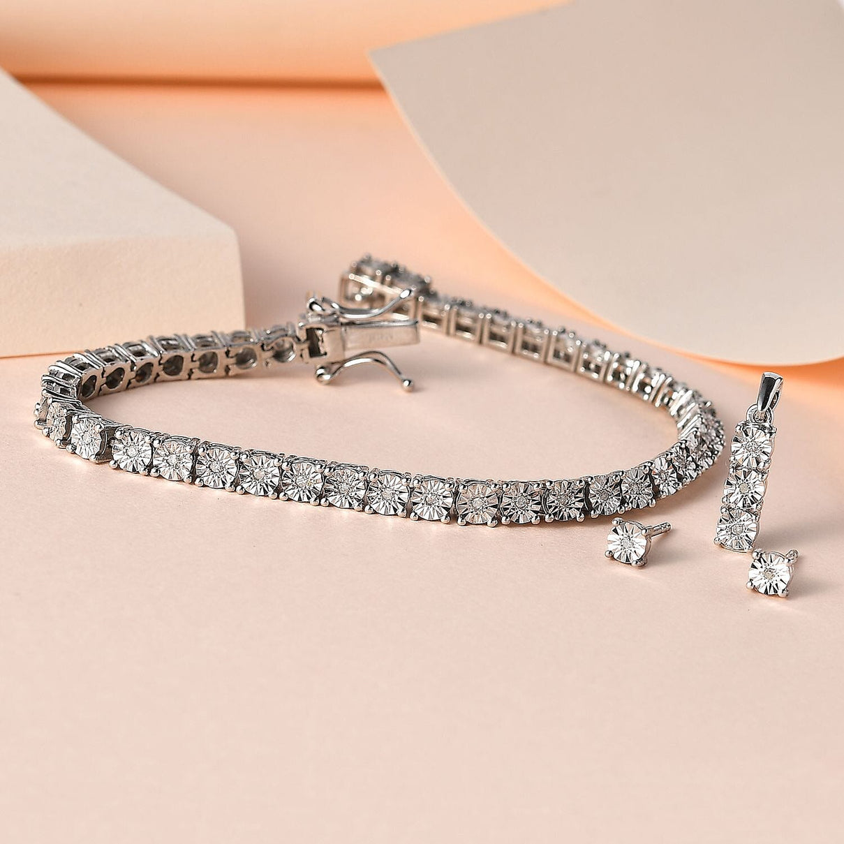 3 Piece Set - Diamond (0.250ct) Box Bracelet (Size 6.5), Earrings and Pendant in Platinum Overlay Sterling Silver V32517630 3